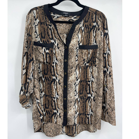 Elementz Women's Brown Long Sleeve V-Neck Blouse Top Snake Print Size XL NEW